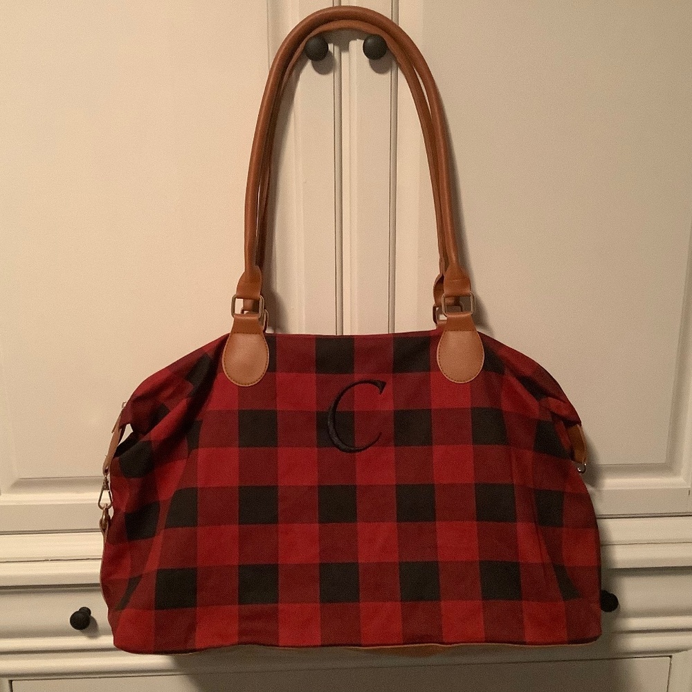 .Like new buffalo plaid weekend bag, C monogrammed, faux leather handles